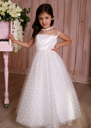 Ivory Heart Print Tulle Pearl Embellished Flower Girl Dress